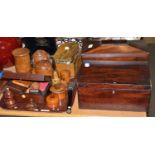 Collection of treen including bobbin holders, pince-nez in a case, a spice tower, snuff boxes etc