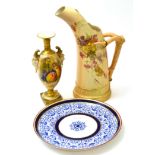 Three pieces of Royal Worcester - a fruit painted urn by Rickettes, blush ivory jug and a plate (all