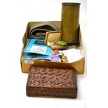 Small collection of militaria including a shell case, medals, webbing and wooden box