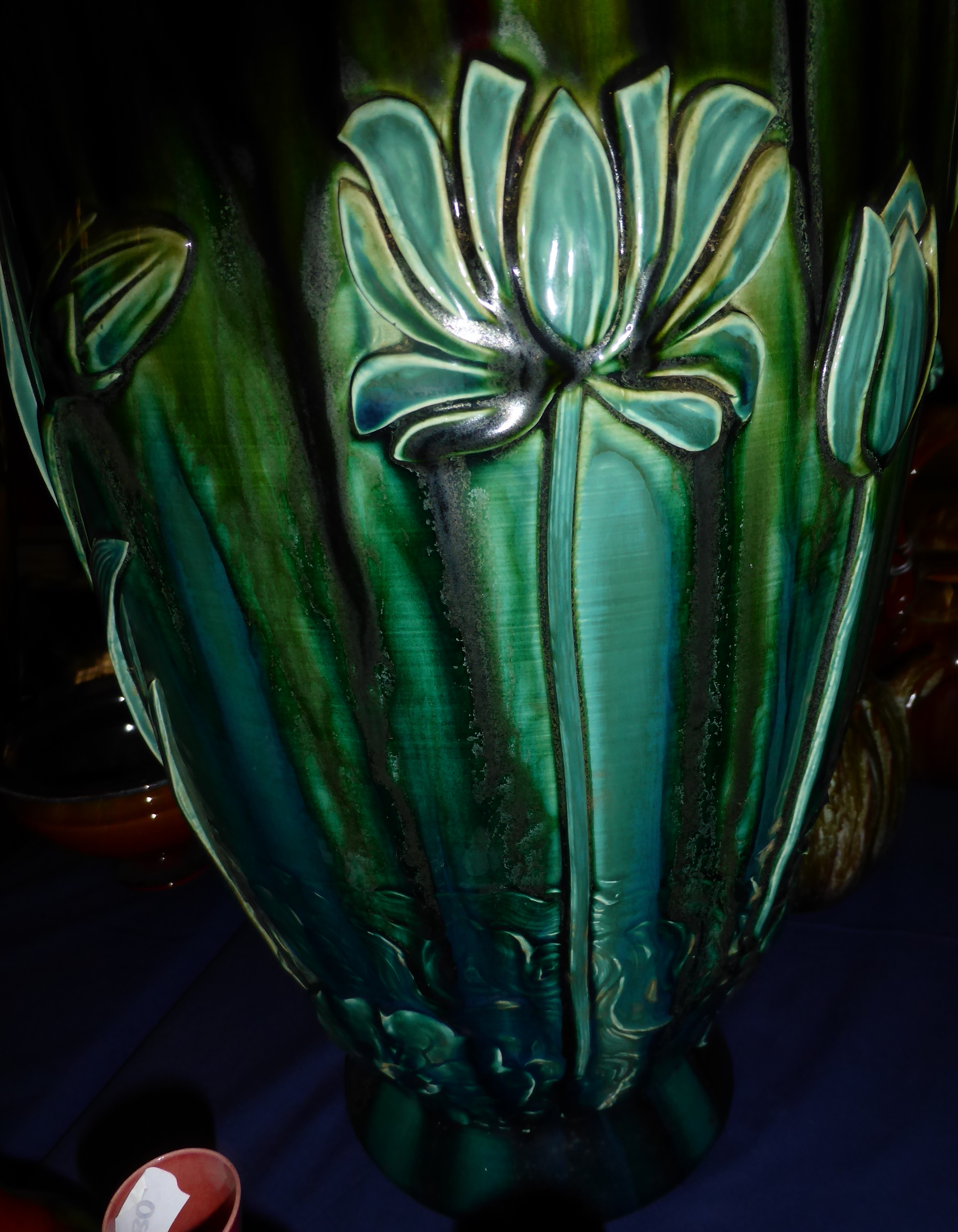 168 Christopher Dresser for Linthorpe Pottery: A Vase, shape No.168, moulded with iris, daffodil and - Image 7 of 8