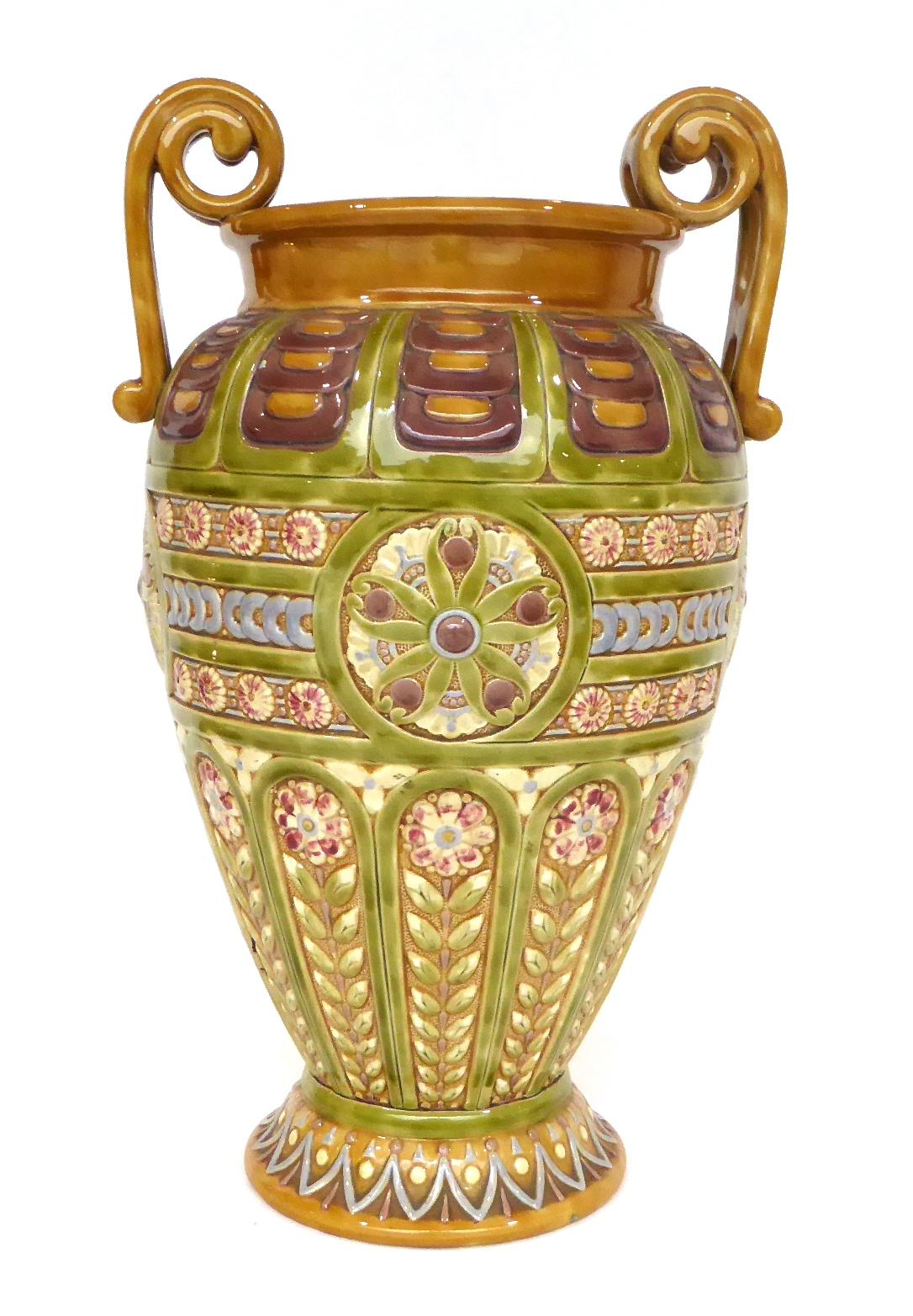 2059 A Linthorpe Pottery Twin-Handled Vase, shape No.2059, with moulded flower decoration,