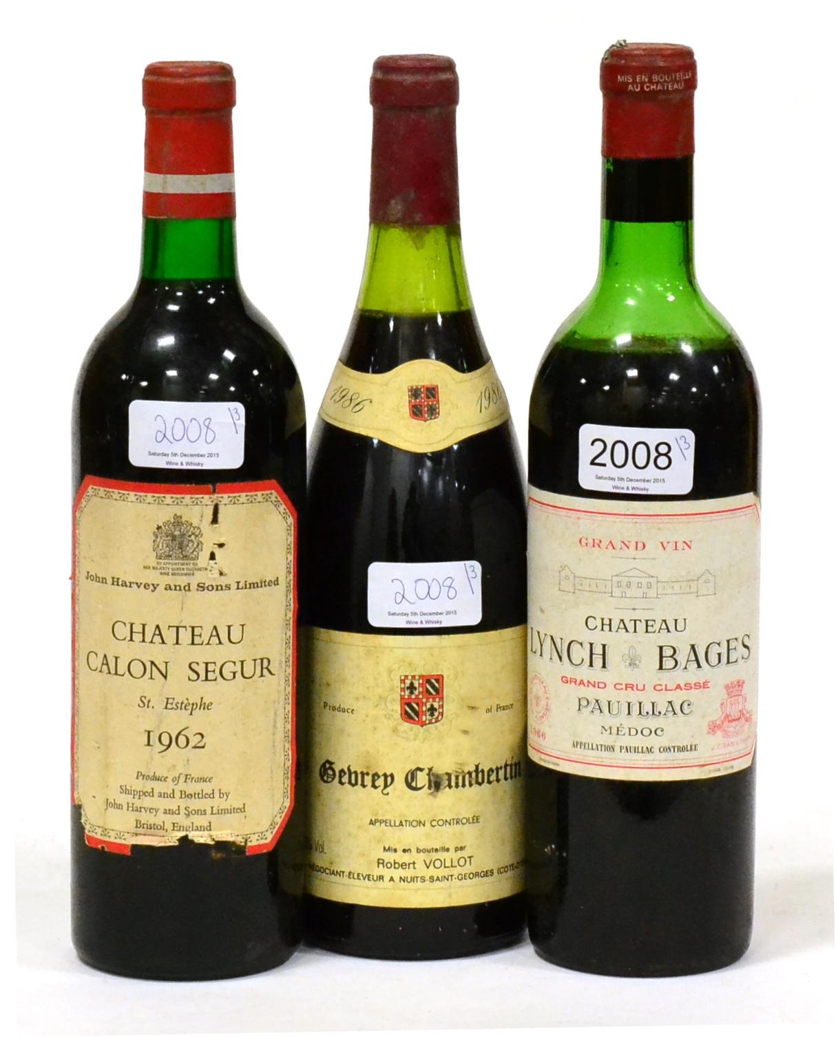 Chateau Calon Segur 1962, St Estephe; Chateau Lynch Bages 1966, Pauillac; Robert Vallat Gevrey