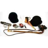 Hunting and Riding Memorabilia, including an antler handled crop, spurs, binoculars, a bowler hat, a