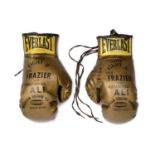 Pair of Ali vs Frazier 1974 Commemorative Boxing Gloves, gold coloured gloves, inscribed 'Super
