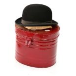 A Childs Hunting Bowler Hat and Leather Gloves, hat by Moss Bros, in a red painted tin hatbox