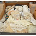 Assorted costume accessories and textiles including white linen, crochet and lace trims, lace