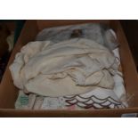 A group of textiles including a fur collar, camisole, cream silk bed jacket, night dress,