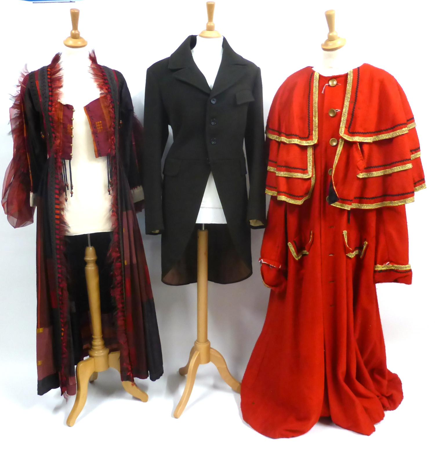 Theatrical costume ladies dress, town criers coat and an 18th century style brown gents wool coat (
