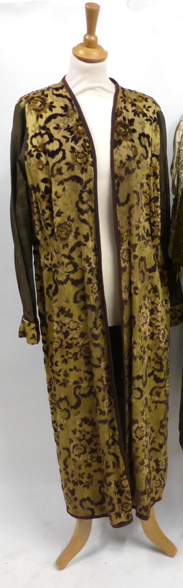 Theatrical Costume including a long brown floral cut chenille open robe; cream grosgrain fitted - Image 7 of 8