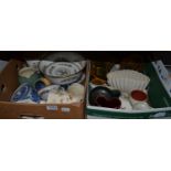 Five boxes of miscellaneous ceramics and glass including lustre ware, Coalport, blue and white, etc