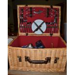 Picnic hamper, cleaver, pestle and mortar, truncheon, pewter measures etc