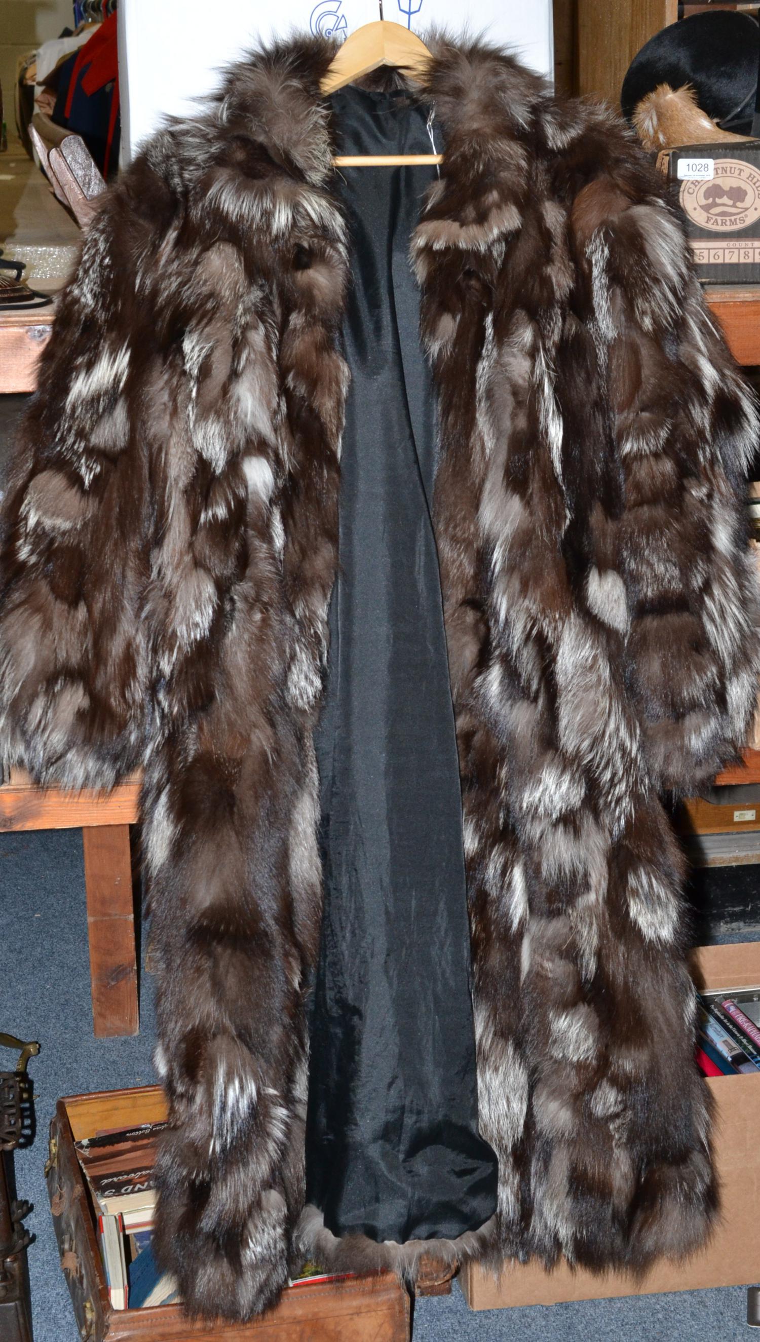 Silver fox fur full length coat 44'' bust, 50'' shoulder to hem, 18'' underarm.  Some wear