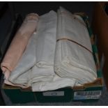 Assorted white damask cloths and other coloured linens etc (one box)