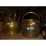 A brass preserve pan and three brass coal scuttles