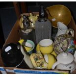 Two retro soda siphons, a set of green painted grocers' scales and a quantity of decorative ceramics