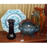 Blue and white Iznik charger (A/F), Christopher Dresser style vase and an Oriental Art Pottery