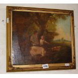 19thC Naive School oil on canvas of a farmer, his pigs, a girl and her dog (13" x 15")