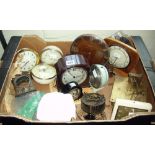 Collection of assorted alarm clocks and clock parts including a Bakelite Smiths mantle clock