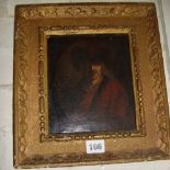 19thC Dutch oil portrait on canvas of a gentleman in Tricorn hat, long hair and red coat 11" x 10"