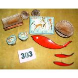 Contemporary enamel & copper brooches with matching earrings by Gret Barkin & others