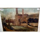 Early 20th c. naive oil painting of the brewery at Bridport with water wheel & weir, signed & dated,