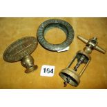 Brass barrel corkscrew & two brass brewery barrel markers