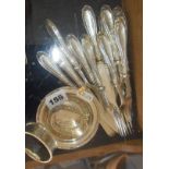 Set of silver-handled cake knives, two silver serviette rings, and a pin tray inscribed "MY Stella