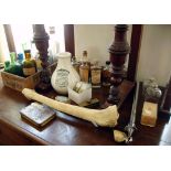 Assorted medical items including composite tibia & fibula, anatomical glass slides, two glass