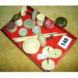 Assorted Victorian bone & ivory sewing accessories, including bobbins, pin cushions etc
