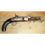 Late 18th c percussion pistol with steel half-round, half-octagon barrel, walnut stock with