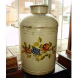 Painted Toleware tea canister with chained lid and fruit decoration