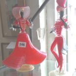 Pair of 1950's Murano-type glass figures of a dancing man & woman in red dress, and a china figure