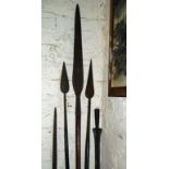 Tribal Art: Masai long spear blade, three old African spears, a Zulu stabbing spear, and a walking
