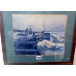 An early watercolour of West Bay Pier with figures in a storm, signed F.M. Dyke