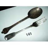 17th c. silver Trefid spoon dated 1670, London maker John Smith, and a silver fork