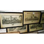 Set of seven old framed prints depicting Cumberland castles, all dated 1739 (Wetherall Priory,