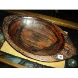 Tribal Art:- Papua New Guinea striped ebony ceremonial food bowl with carved rim, 23" long x 13"