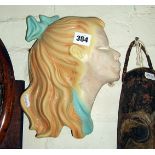 1950's Cortondorf china wall mask of a girl with a pony tail