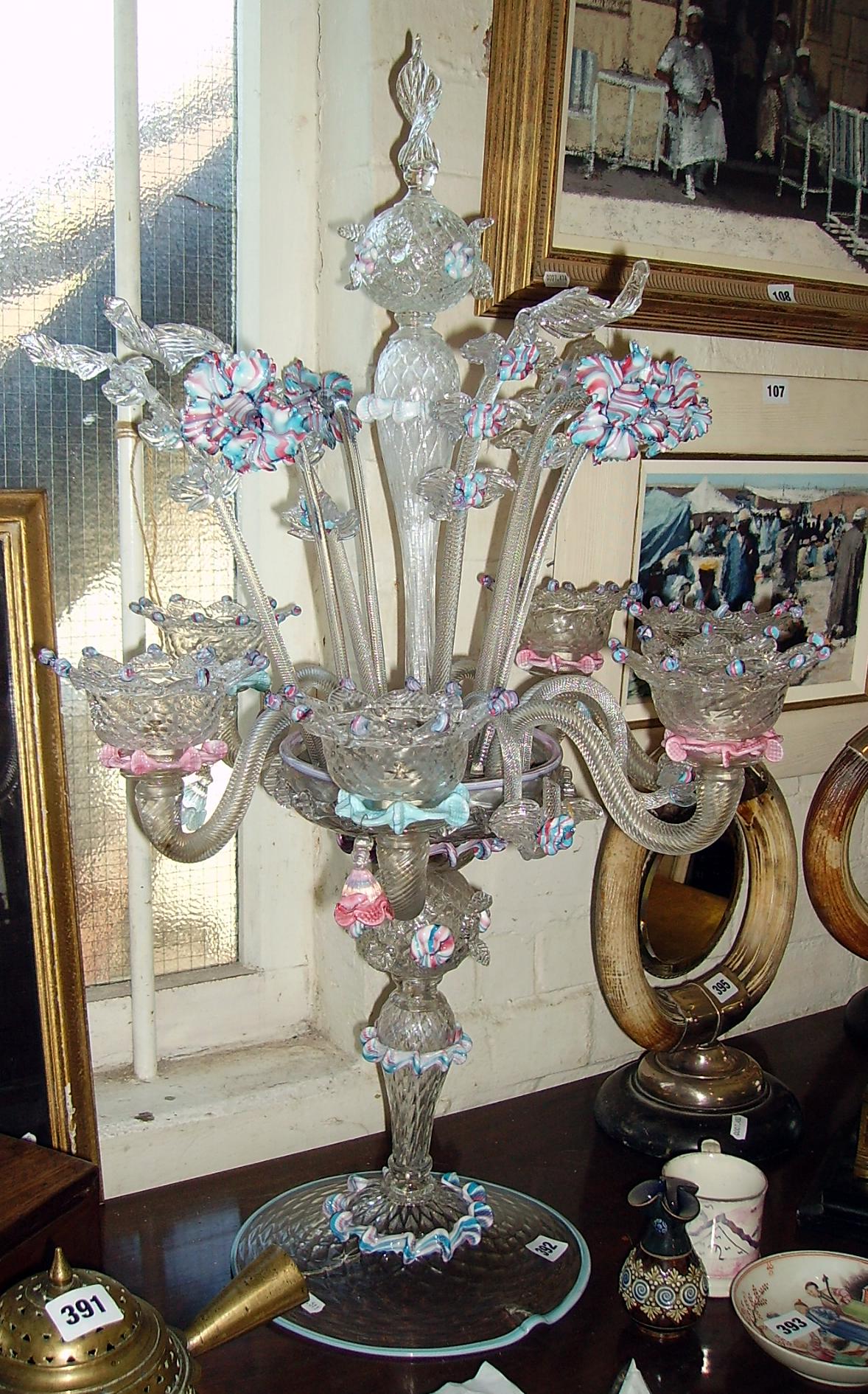 Impressive & colourful Venetian blown & twisted glass table centrepiece six-branch candelabra