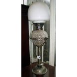 Aesthetic Movement silver plated columnar oil lamp with cut glass reservoir by Hukin & Heath and