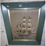 Large framed sailor's woolwork picture of a Man o' War in full sail