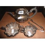 Victorian silver tea set (for one), Sheffield 1894, three pieces and two sugar tongs (13.5 ozs