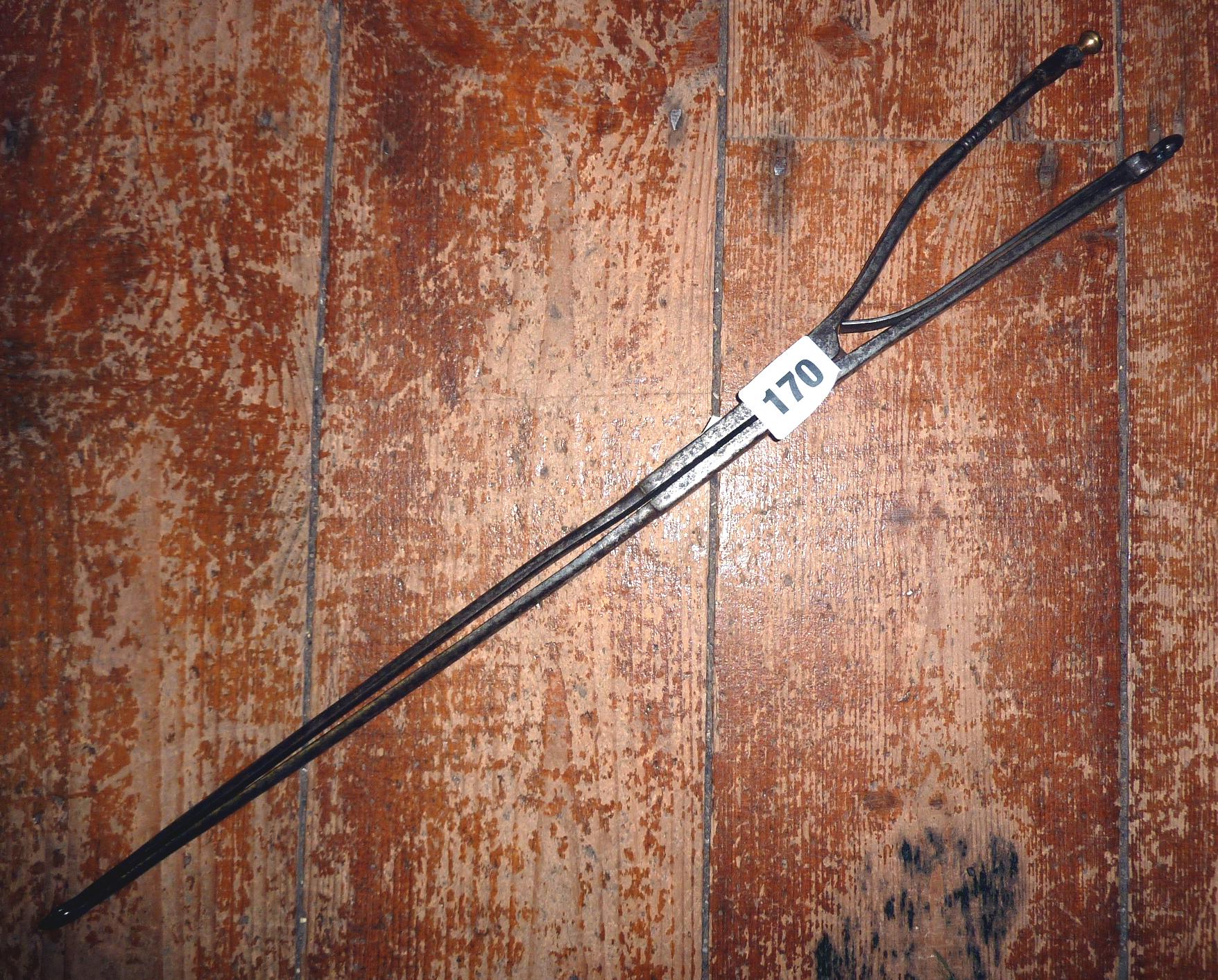 18th c. iron ember tongs with hinges spring handles, and an iron hook, door hinge etc