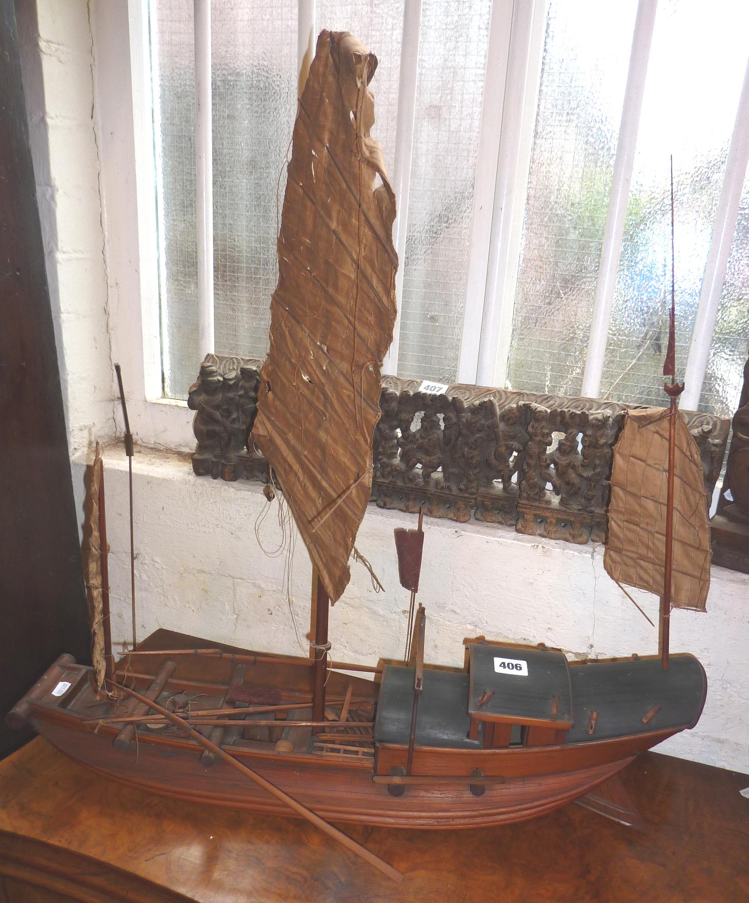 Finely detailed wooden scale model of an Yangtze River Chinese junk (Ma-Yang-Tzu), 26" long, c.1900