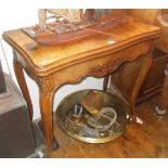 19th c. burr walnut fold-over card table on cabriole legs