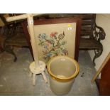 A fire screen tapestry, clothes dolly an