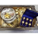 A box of brassware including two brass b