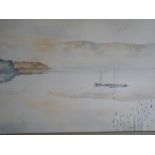 A watercolour depicting a lakeside scene