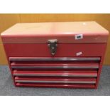 A metal toolbox with four slide out drawers and lockable tool compartment, 36cm (h) x 51cm (w) x