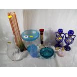 A good mixed lot of quality glassware to include a pair of blue painted glass urns, a large retro